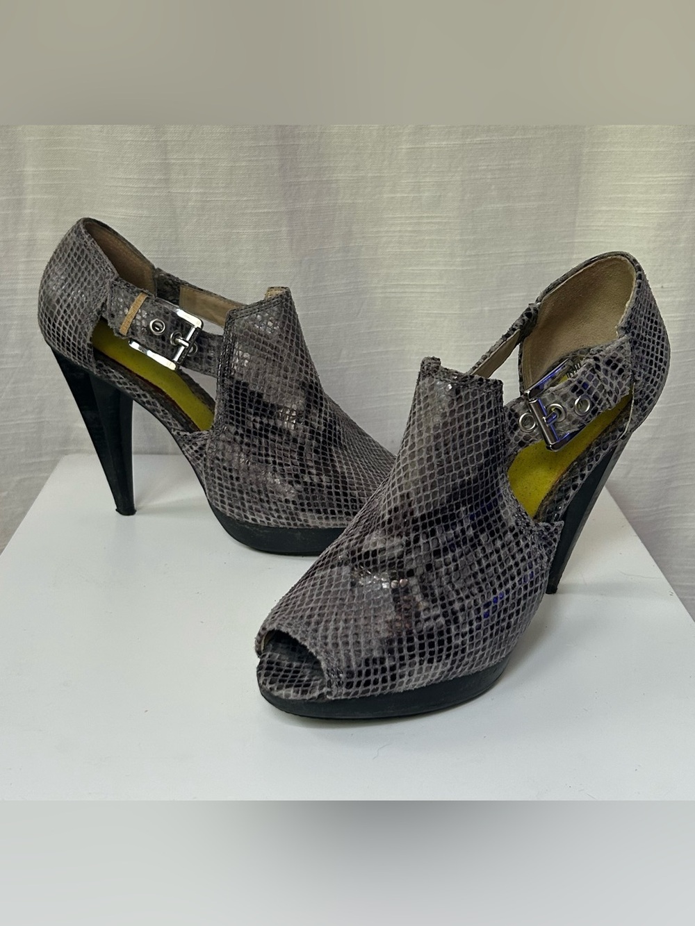 MK Michael Kors Snakeskin Print T-Strap Peep Toe Heels